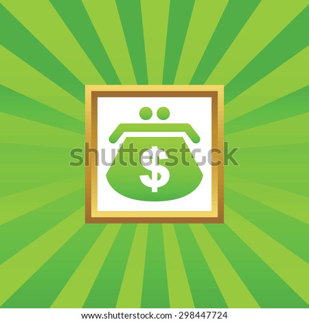 Image of purse with dollar symbol in golden frame, on green abstract background