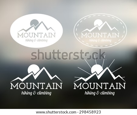 Set of Summer mountain camp badge, logo and label templates. Travel, hiking, climbing style. Outdoor. Best for adventure sites, travel company etc. On blurred background. Vector illustration