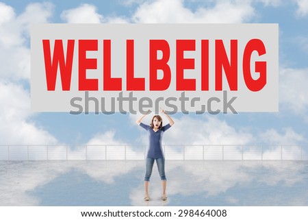 Woman holding card with text on it against the sky.