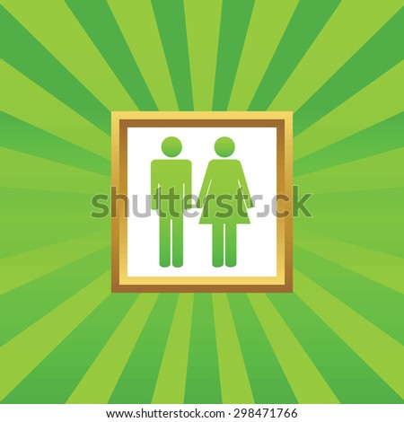 Image of man and woman signs together in golden frame, on green abstract background