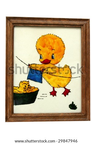 framed painting of little chicken making housework
