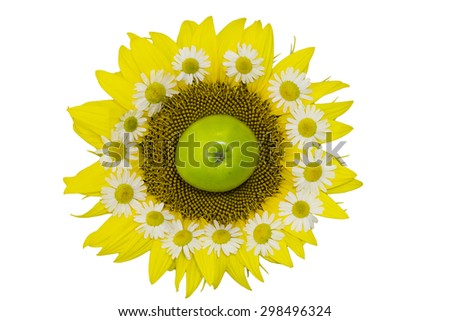 Still life with sunflowers, daisies and apple on a white background, clip art