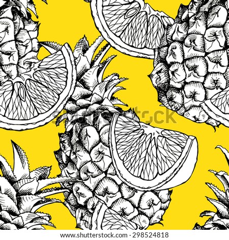 Seamless pattern with image of pineapples and oranges on a yellow background. Vector illustration.