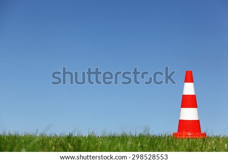 A single traffic cone on a green meadow