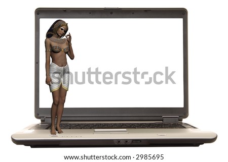 Illustrated Cleopatra standing on a laptop computer