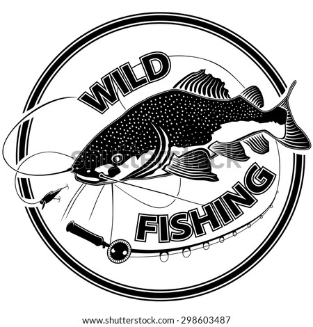 Vector illustration of catfish with fishing rod. Vector illustration can be used for creating logo and emblem for fishing clubs, prints, web and other crafts.