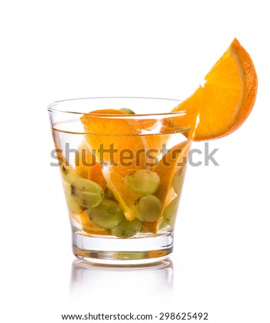 Summer fresh fruit Flavored infused water mix of orange and grape isolated over white background