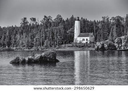 Rock Harbor Lighthouse, Isle Royale National Park, Michigan, Black and White. Royalty-Free Stock Photo #298650629