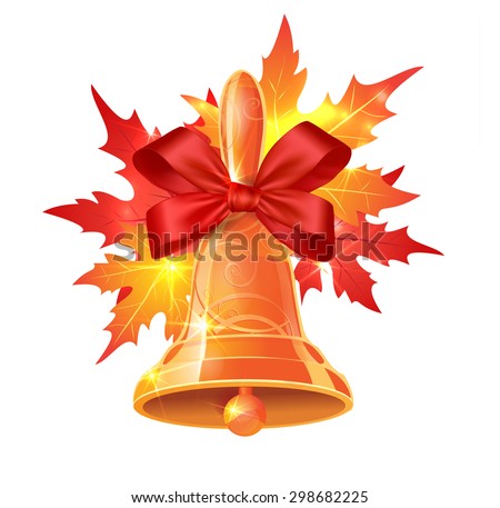 Gold  school bell with a red ribbon and maple leaves