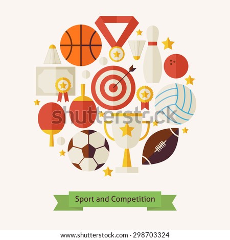 Vector Flat Style Sport Recreation and Competition Colorful Objects Concept. Flat Design Vector Illustration. Collection of Sports and Activities. Set of Team Games First place and Sport Items. 