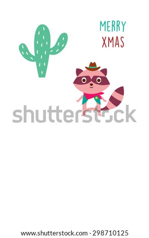 cute cowboy raccoon merry xmas greeting card