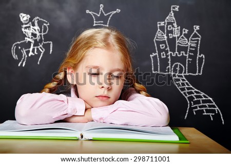 girl reading a book. School and education. imagination concept. cartoon fairy tale castle and the crown princess doodle