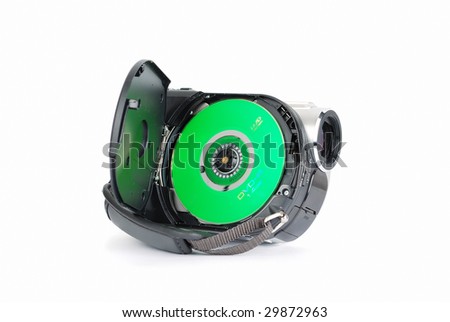 Video cam  and green DVD disc isolated  on the white background. This is concept  of protect electronics.