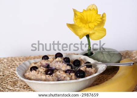 Delicious, healthy breakfast of oatmeal with cinnamon and blueberries and a banana on the side.  A cheerful daffodil sits in the background