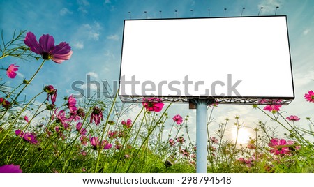 Blank billboard with flower in the garden  background.