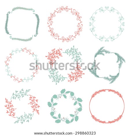 Collection of Colorful Artistic Hand Sketched Rustic Floral  Decorative Doodle Borders, Frames, Wreaths. Design Elements. Hand Drawn Vector Illustration. Pattern Brashes