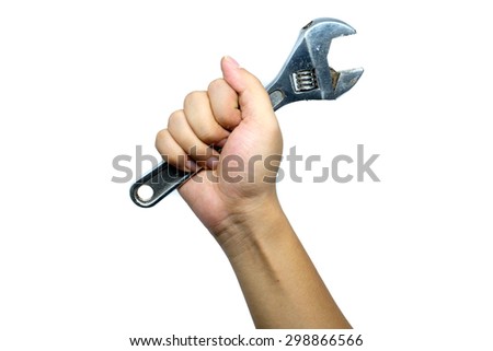 Hand holding adjustable wrench isolated on white background 