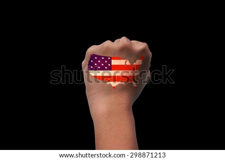 America tattoo with confidence fist and isolated black background, vintage style