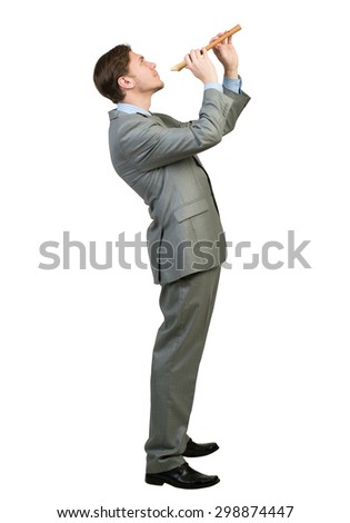 Cheerful businessman playing fife isolated on white background