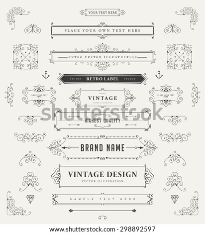 Set of Vintage Decorations Elements. Flourishes Calligraphic Ornaments and Frames. Retro Style Design Collection for Invitations, Banners, Posters, Placards, Badges and Logotypes.