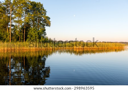 symmetric reflections on calm lake water with forests and islands