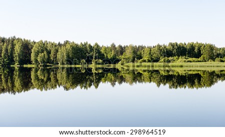 symmetric reflections on calm lake water with forests and islands