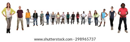 Smiling happy multicultural multi ethnic group of young people standing in semi circle isolated on a white background Royalty-Free Stock Photo #298965737