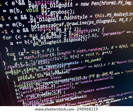 Software developer programming code on computer. Abstract computer script source code. Shallow depth of field, selective focus effect. Code text written and created entirely by myself