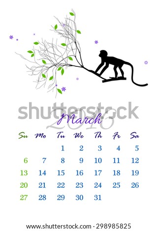 Calendar sheet for 2016 year with marked weekend days. March. Monkey on tree branch - silhouette vector illustration