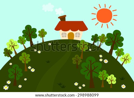 Vector of small house on the green hills among flowers and fresh trees with a big sun in the sky. The environment look refreshing and clean.