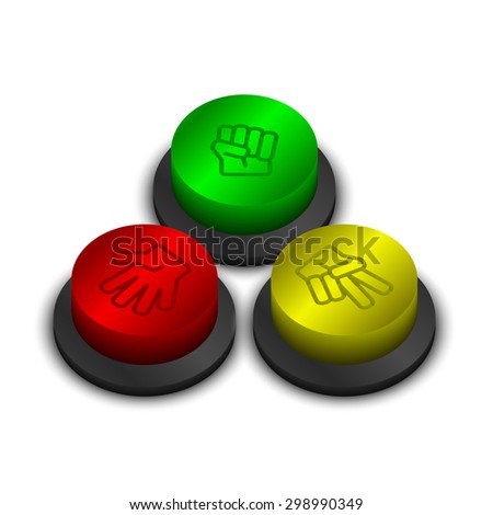 Rock-paper-scissors buttons green yellow and red color on white background with shadow