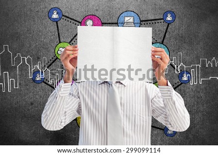Businessman holding a white card covering his face against hand drawn city plan