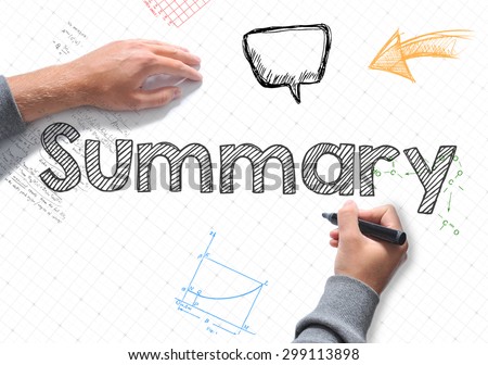Hand writing Summary word on white sheet of paper Royalty-Free Stock Photo #299113898