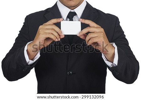 business man while holding a small square pannel with both hands. on a white background