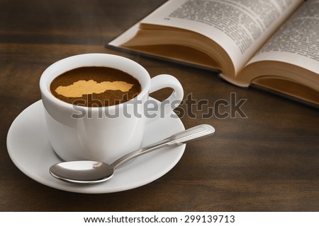 Still life photography of hot coffee beverage with map of Slovakia