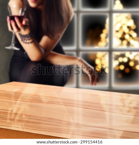 board of free space woman with wine and xmas tree with window 