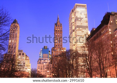 Central Park and manhattan skyline at early night, New York City