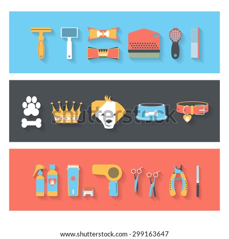 Pet grooming flat style long shadow icons set. Collection of vector web icons with flat style long shadows. Vector template for interface ready to use.