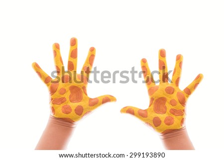 Hand Painted Child. Isolated on white background.animal hand paint concept.giraffe and zebra hand paint.