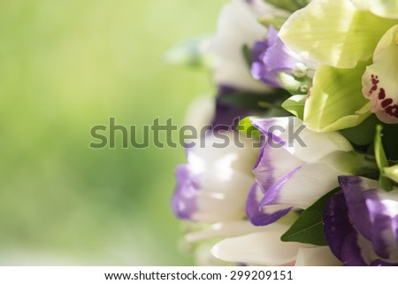 Colorful bridal bouquet close-up natural light from a side