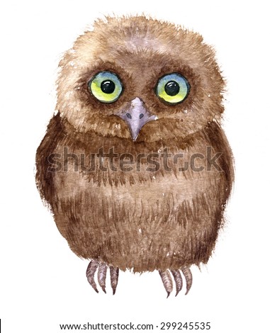 Little owl drawing by watercolor, artistic painting bird, cute fluffy nestling, hand drawn illustration