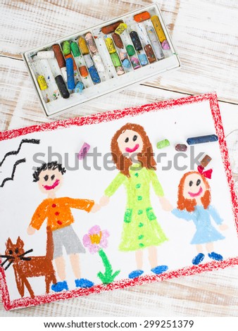 oil pastels drawing: single mother and kids