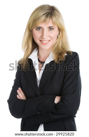 Young smiling woman in a business suit. Isolated on white background