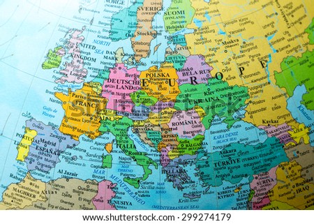 Map view of Europe on a geographical globe. Royalty-Free Stock Photo #299274179