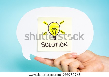 Solution, Problem. Showing solution with lightbulb on speech bubble, blue background. Solution concept.