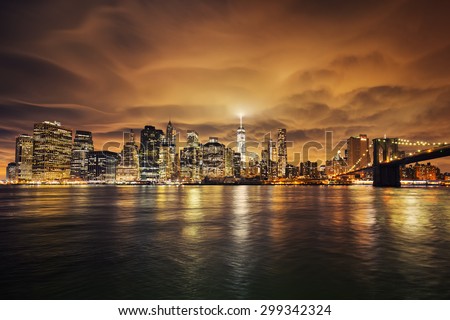 Manhattan at sunset, New York City. View from Brooklyn