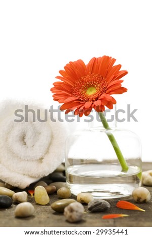 Spa setting with Beautiful orange daisy, stones and towel
