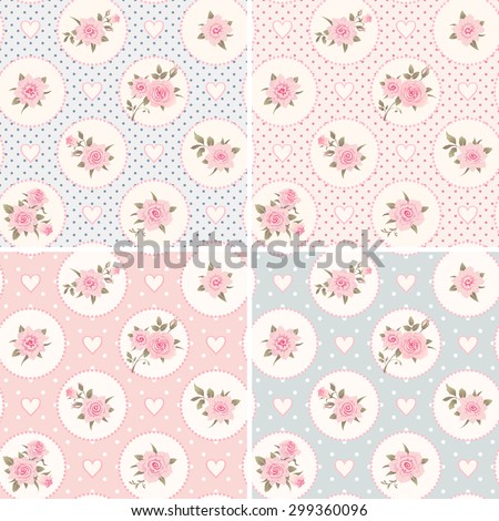Set of seamless patterns with pink roses and hearts. Shabby chic style floral polka dot backgrounds.