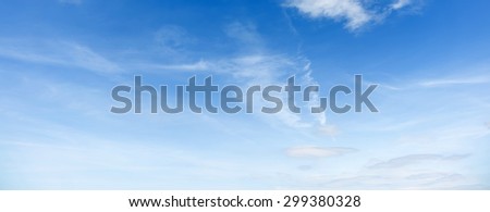Panoramic view of the blue sky. Blue sky with clouds. Summer sunny day. Abstract as background.