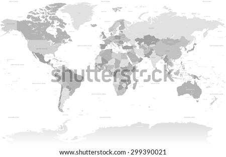 A High Detail vector Map set composed by a full map of the world in grey colors. All countries are named with the respective english name with country capitals, major cities, lakes and seas.